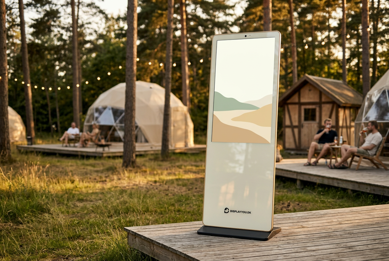 Display You infoskærm på en træterrasse ved en glampingplads